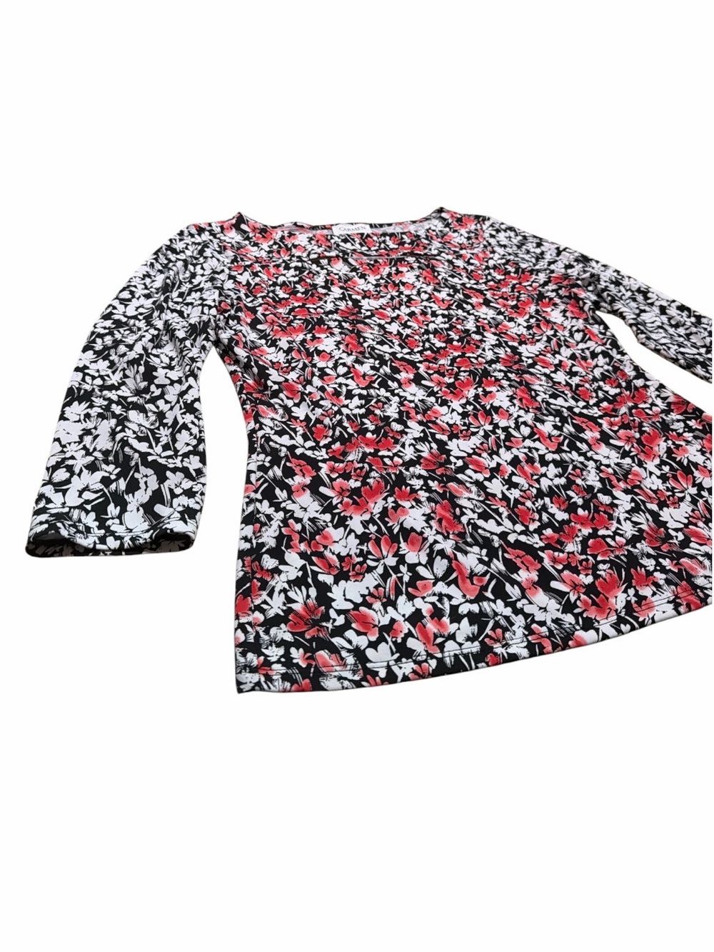 Carmen Marc Valvo Floral Stretch Top Medium 3/4 Sleeve Keyhole Neck - Picture 3 of 5